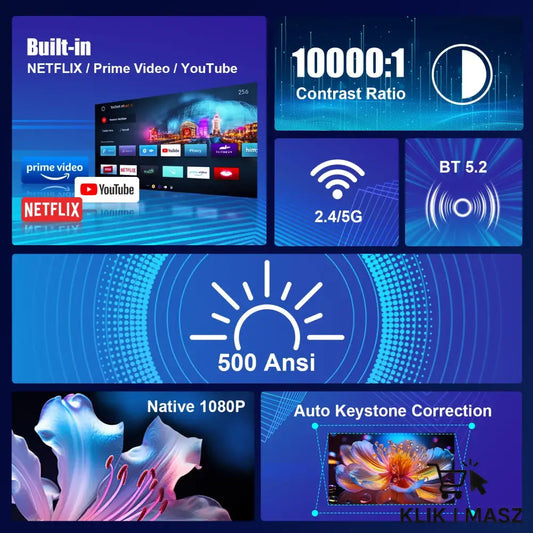 KINOMASZ™ - PROJEKTOR 18000 LUMENÓW ANDROID 13 Wi-Fi 6 BT5.2 500ANSI MODEL 2025r
